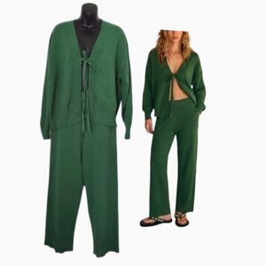 NWT Free People Beach Green Knit Solar Set Cardigan Wide Leg Pants Small